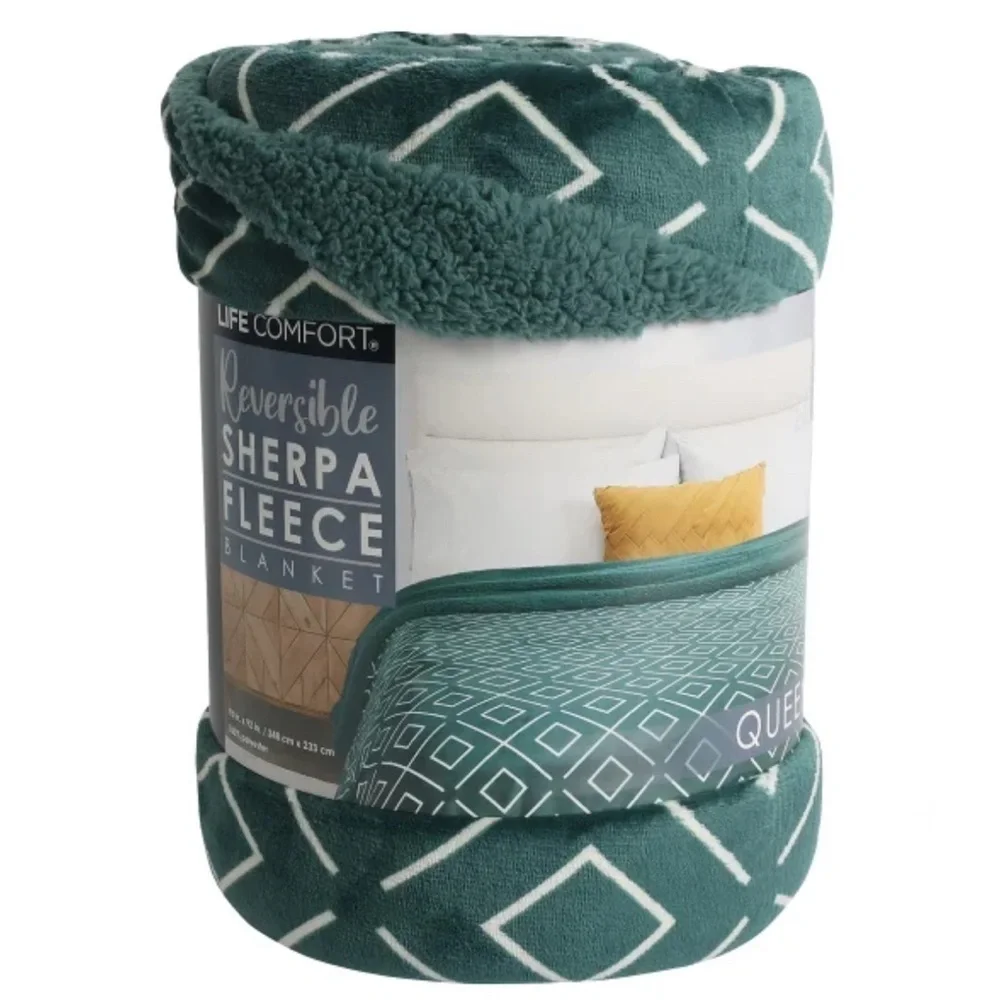 Life Comfort Sherpa Fleece Blanket Queen Green & White